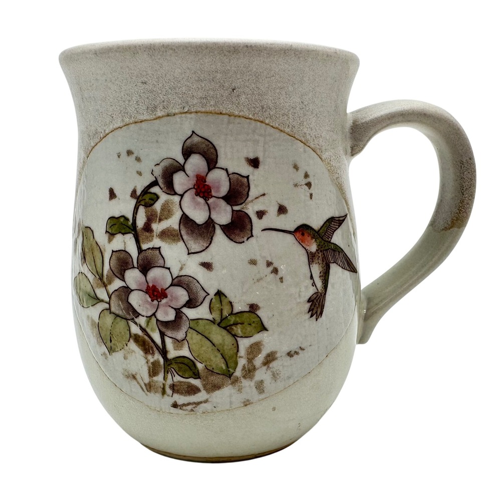 Vintage Otagiri Style Stoneware Mug Hummingbird Floral Cream Hand Painted Boho